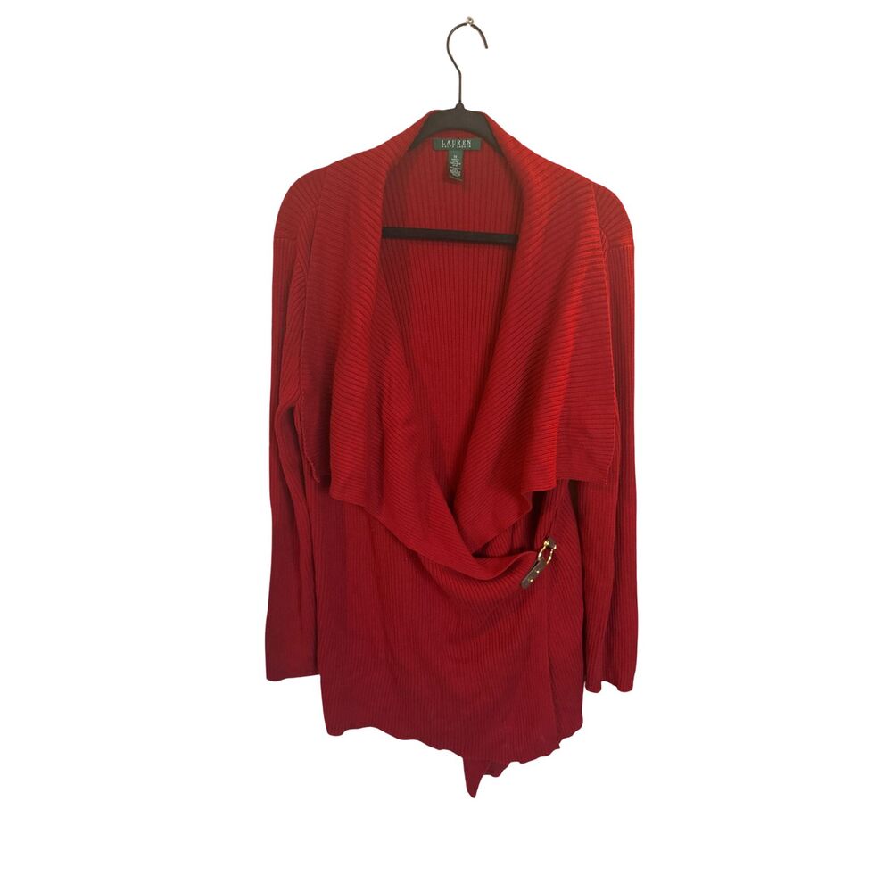 LAUREN by Ralph Lauren Red Wrap Front Buckle Cardigan Sweater 1X Plus - Picture 2 of 8